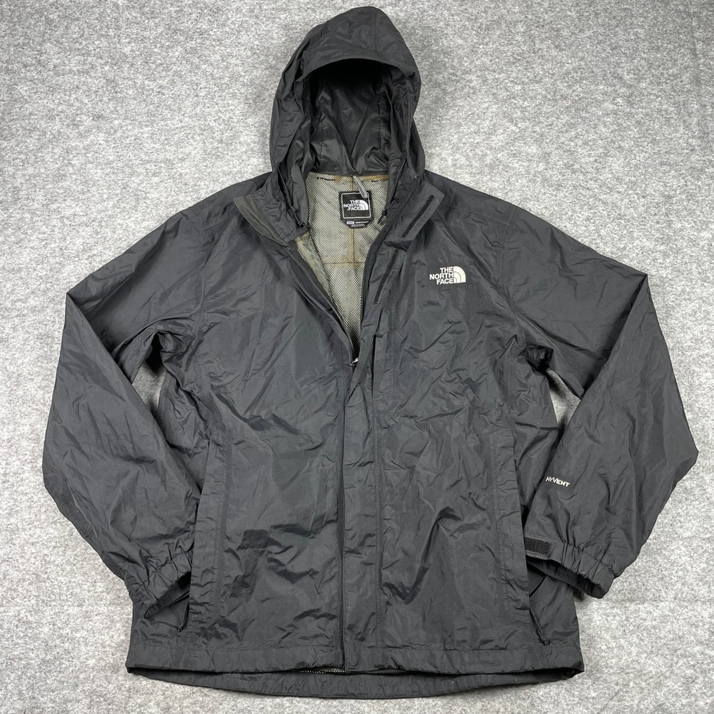 The North Face Rain Jacket Mens Medium Black HyVent Hooded Full Zip Coat
